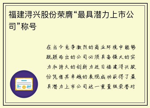 福建浔兴股份荣膺“最具潜力上市公司”称号